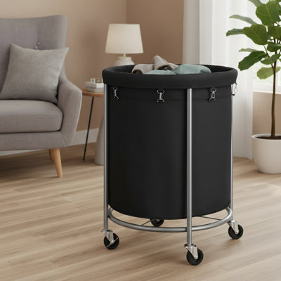 50.2 Gallon (190 Liter) Wheeled Laundry Basket, Dark Black + Metallic Silver, Steel Frame Construction With Removable Bag, 2 Locking Wheels