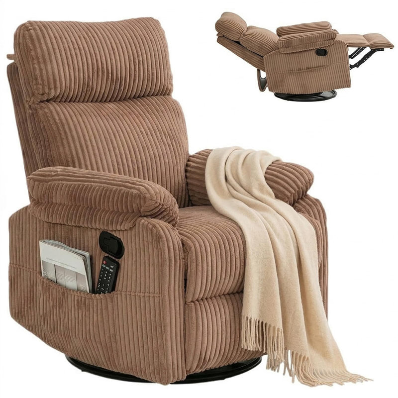 Manual Small Recliner Rocking Chair For Nursery/relaxation, Corduroy Swivel Glider Recliner For Living Room Bedroom, Brown Rocking Chair Nursery Recliners For Small Spaces, Side Pockets (brown)
