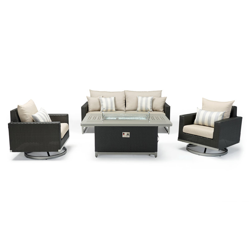 Milo Motion 4 Piece Rattan Sunbrella Sofa Set with Cushions, Canvas Jockey Red Sunbrella® Canvas, Brown