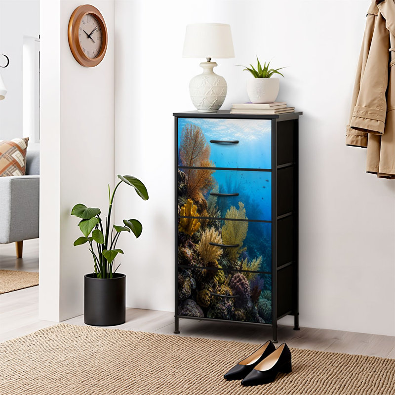 Commode 4 tiroirs pour chambre à coucher, commode étroite, plateau en bois et structure en fer 18 po x 37,5 po (lxH) - avec impression de vie marine sous l'eau