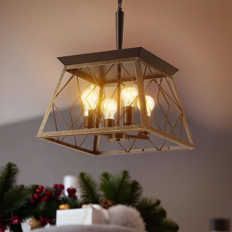 ??4-Light Farmhouse Chandelier Pendant Light - Adjustable Height - Rustic Steel Design - For Dining Room & Kitchen, Gold