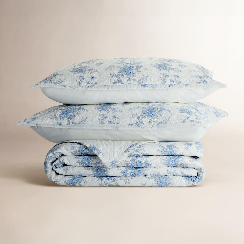 Cotton Plain Weave Floral Quilt, King Quilt + 2 King Pillow Shams