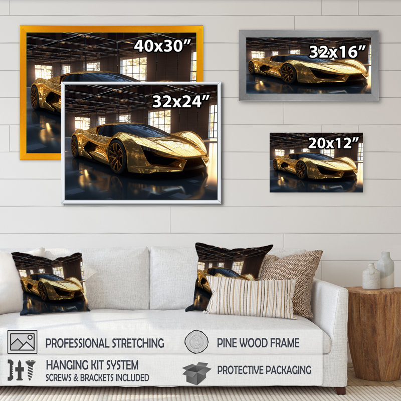 Or et noir emblématiques de voitures légendaires I - art mural voiture exotique, H 34 po x l 44 po x P 1,5 po