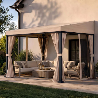  Sunjoy 10’ x 12’ Wall Mounted Gazebo with Weather Resistant Fabric Roof, Black Aluminum & Metal Frame Lean to Gazebo with Curtains and Netting