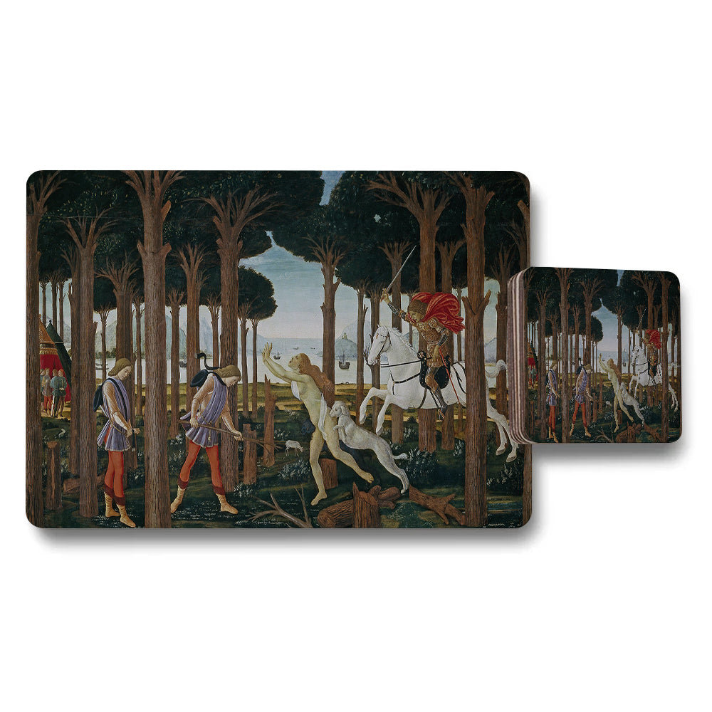 Forest Scene Placemats And Coasters Set Featuring Medieval Hunt Artwork