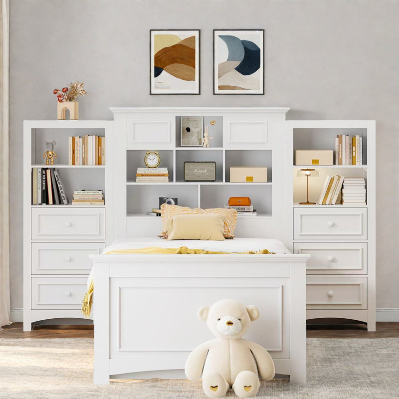 Lit plateforme en bois avec tiroirs et compartiments de rangement, Blanc