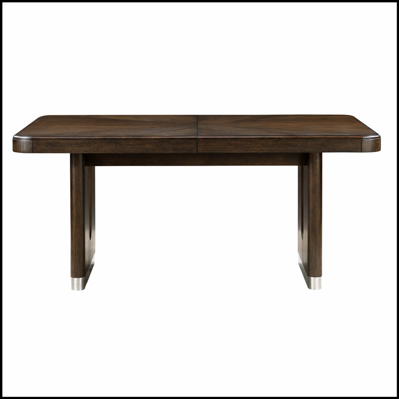 Table de salle à manger rectangulaire moderne avec rallonge, base métallique unique et durable, mobilier en bois brun