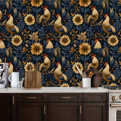 Peel and Stick Wallpaper Rooster Hen Farmhouse Floral Sunflowers Wheat Dark Rustic Country Contact Paper Removable Self Adhesive Wall Mural Wall Decor for Bedroom Kitchen Cabinets 17.7in x 118in