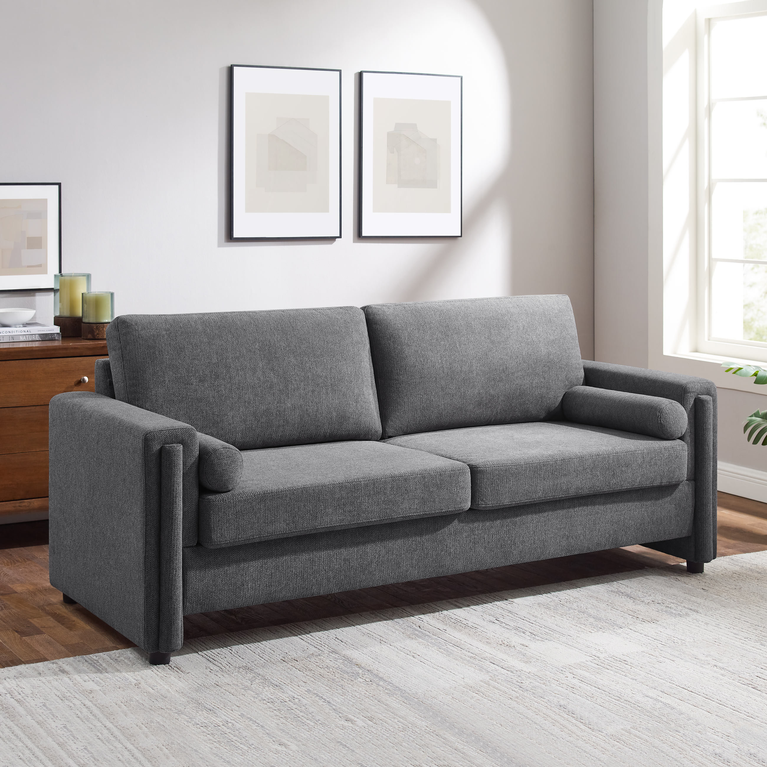 Ebern Designs 80.31" Square Arm Upholstered Linen Sofa with Bolster ...