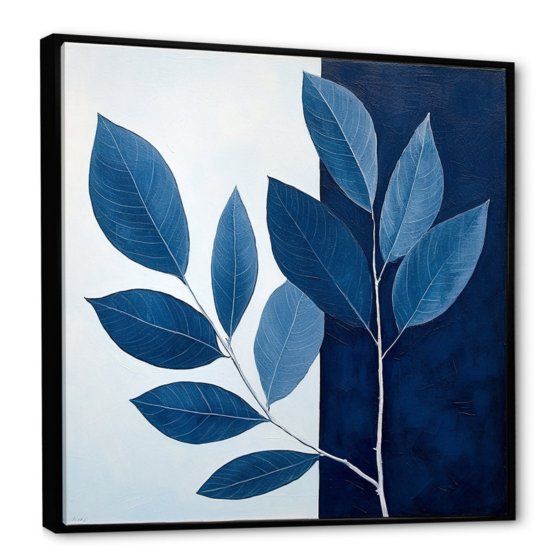 Blue Indigo Leaves Harmony I, H 16 po x l 16 po x P 1 po, Cadre flottant noir
