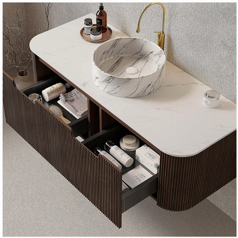 Meuble-lavabo de salle de bain mural à bords arrondis avec 2 tiroirs, lavabo à fixation murale à bords arrondis à 2 tiroirs Dina, lavabo rond en céramique blanc avec motif de pierre, pré-assemblé, couleur grain de bois noyer foncé