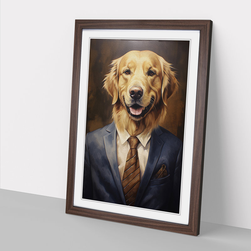 Golden Retriever In A Suit Painting No.2 - Single Picture Frame Print on Wood, 64cm H x 46cm W, Walnut Framed