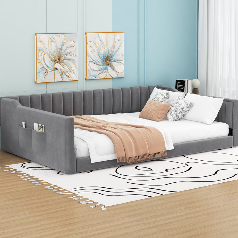Full Xl Sized Daybed With Gray Upholstery And Side Pocket - Versatile For Daily Use No Box Spring Easy Assembly Guide Velvet In Storage Fits Perfectly Small Spaces Required Installation