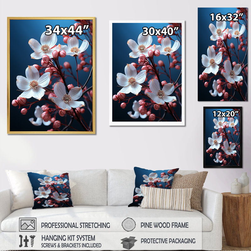 Rose et blanc cornouiller cosmique chuchotements sur toile, Cadre flottant blanc, H 32 po x l 16 po x P 1 po