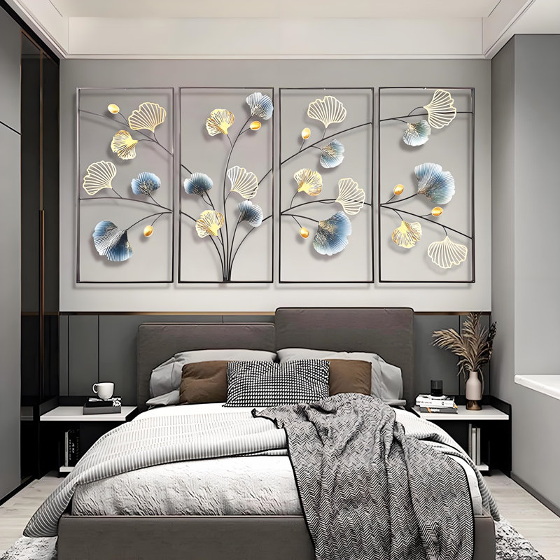 Ensemble de 4 pièces d'art mural en cuir et feuille de ginkgo, décor moderne peint à la main pour le vestibule et le salon
