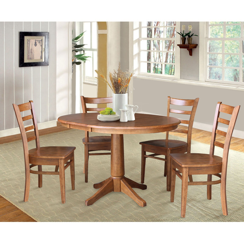 Deriya Extendable Solid Wood Top Pedestal Dining Set, 5, Distressed Oak
