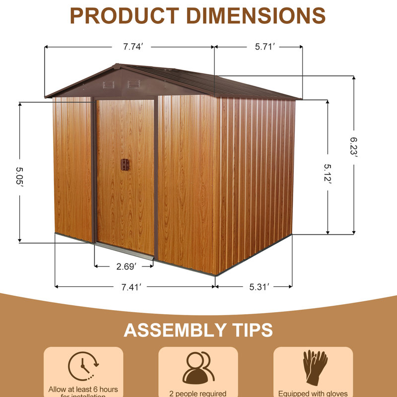 8Ft X 6Ft Outdoor Metal Storage Shed, Coffee. Robust Galvanized Iron Frame, Coated Panels, Integrated Punched Vents. Sliding Doors And Padlock. Simple Installation. Construction For Durability,