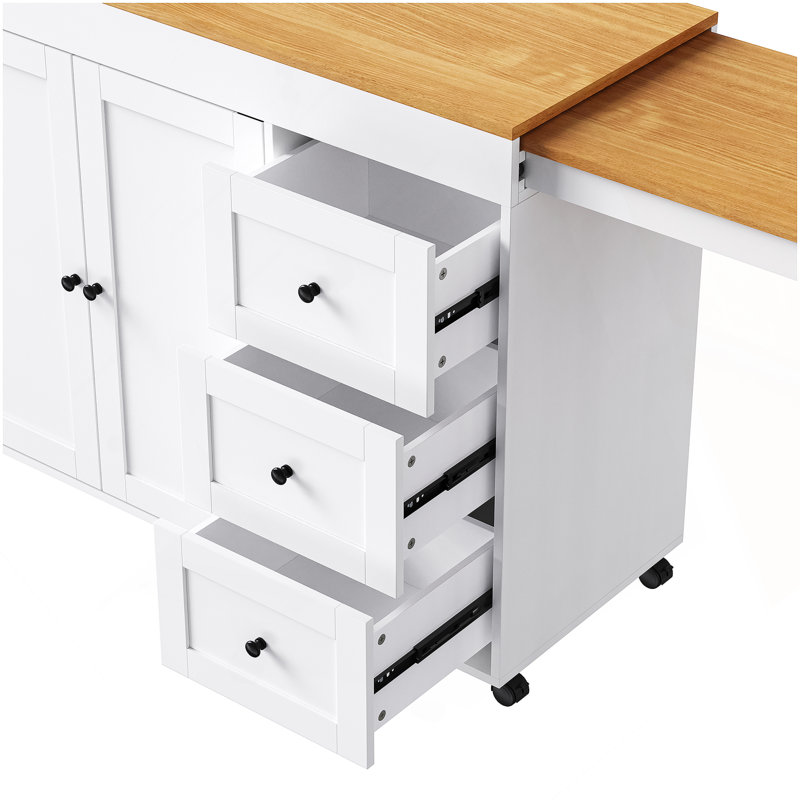 74.8" Kitchen Island With Extendable Dining Table, Kitchen Storage Cart With 3 Drawers, Power Outlet, Rolling Kitchen Island On Wheels With Spice Rack And 2 Door Cabinet