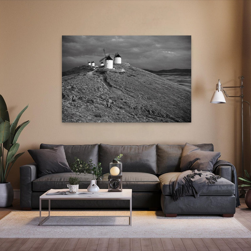 Old Historic Windmills On Hill In Black And White, Consuegra, Castilla La Mancha, Spain Traditional Contemporary Architecture Urban Wall Art
