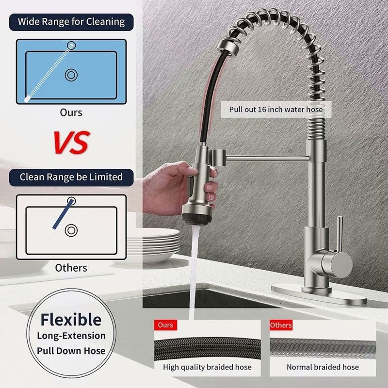 Robinet de cuisine avec douchette rétractable et 4 modes de pulvérisation Robinet d'évier de cuisine à poignée simple 1 ou 3 trous
