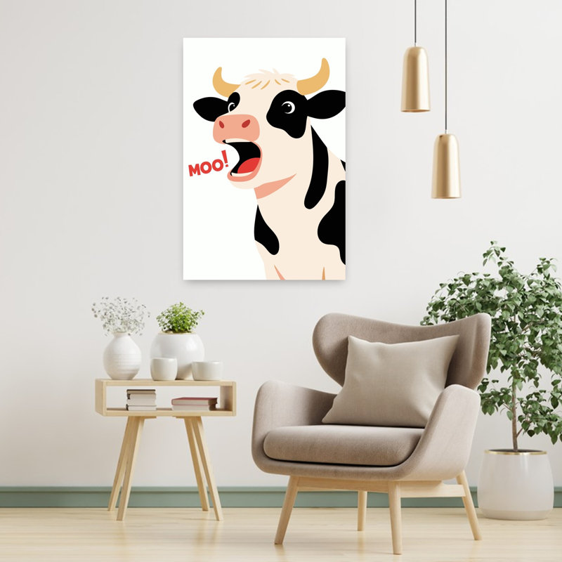 Vache drôle et meuglante - Illustration abstraite contemporaine représentant une vache dans un paysage naturel, 36" H x 24" W