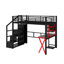 Lit mezzanine double en métal avec bureau, garde-robe, escalier de rangement et DEL-461761405