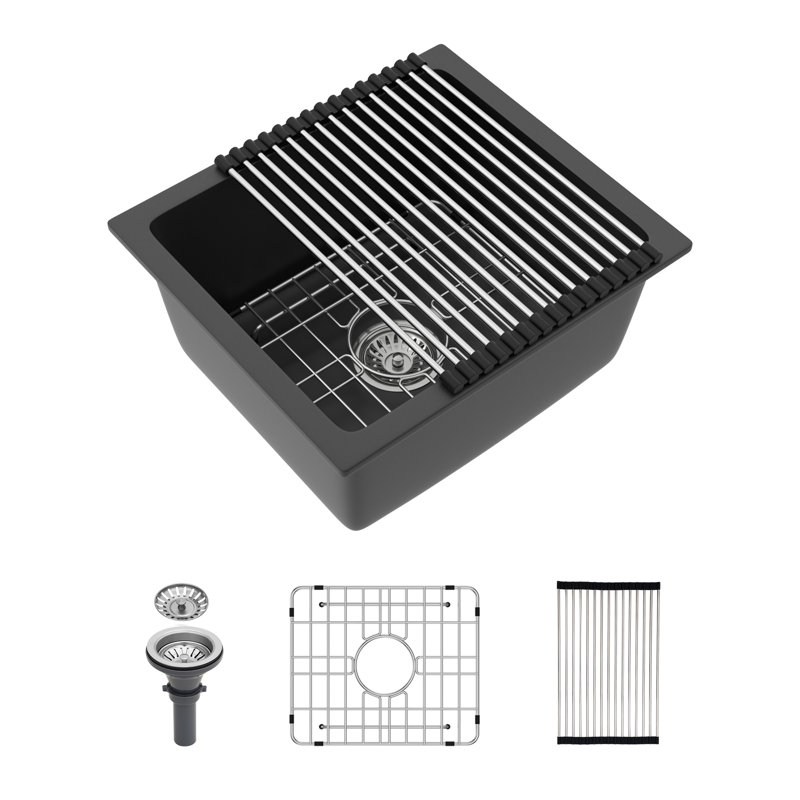 18'' L x 16'' W Quartz Undermount Kitchen Sink, Black Granite Composite Single Bowl Bar Sink with Sink Grid, Strainer and Roll-up Rack