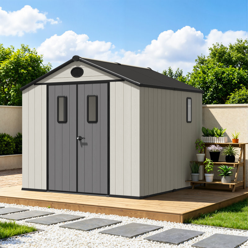 Abri de jardin résistant aux intempéries de 2,4 x 2,4 m (8 x 8 pi), structure en bois et plastique à double paroi de 16 mm avec cadre en acier galvanisé, porte verrouillable et ventilation. Parfait pour le jardin.