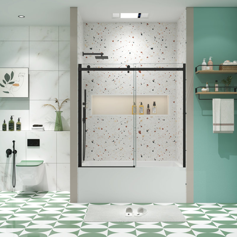Porte de douche coulissante pour baignoire, verre trempé 5/16 po, noir mat, facile à nettoyer, installation transparente mate, bonne étanchéité
