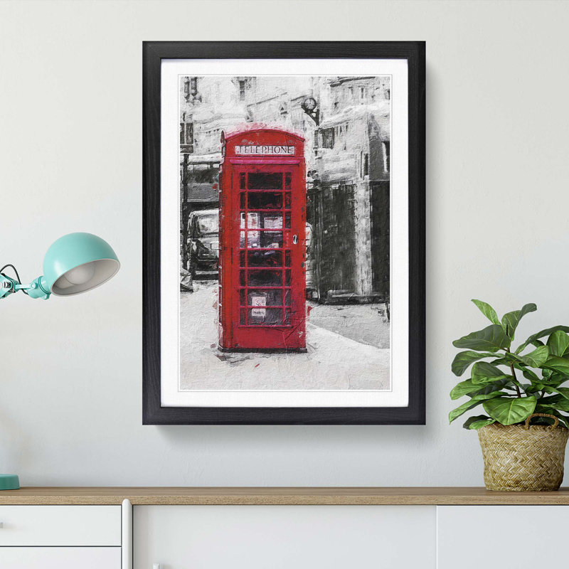 A Red Telephone Box In Abstract - Single Picture Frame Painting, Black Framed, 45cm H x 33cm W x 2cm D