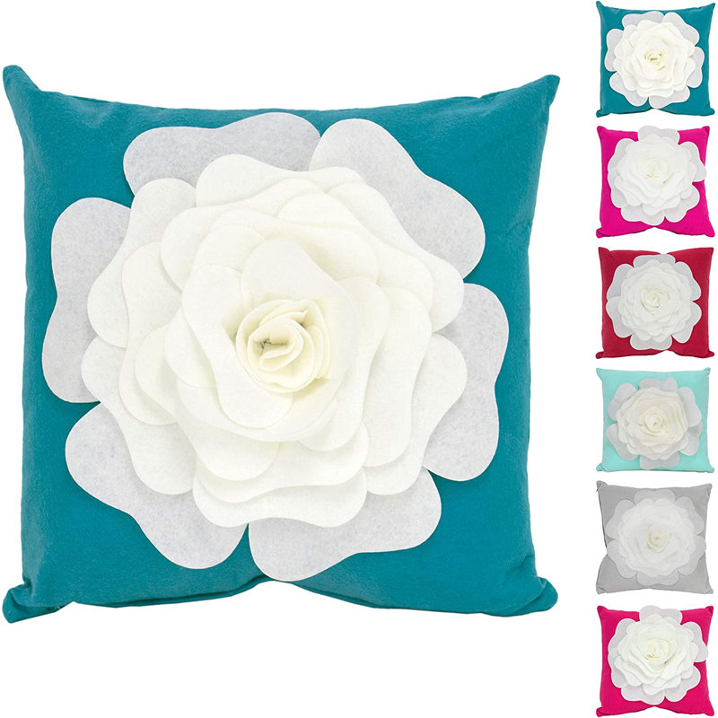 Housse de coussin décoratif en forme de grand rose en feutre Mint 17 po x 17 po, Bleu sarcelle