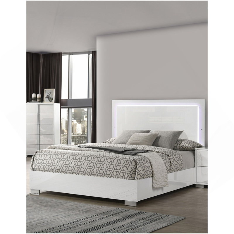 Mobilier de chambre contemporain blanc avec lit de très grande taille et tête de lit à finition UV 1pc, Très grand lit, Blanc