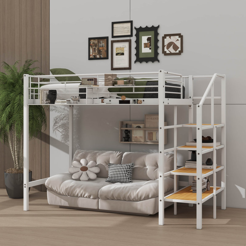 Lit mezzanine en métal de taille simple avec tablette de rangement supérieure en filet, Blanc