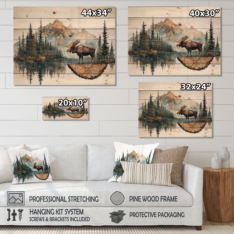 Orignal canadien dans un lac, paysage I - Décoration murale en bois d'orignal - sur bois de pin naturel