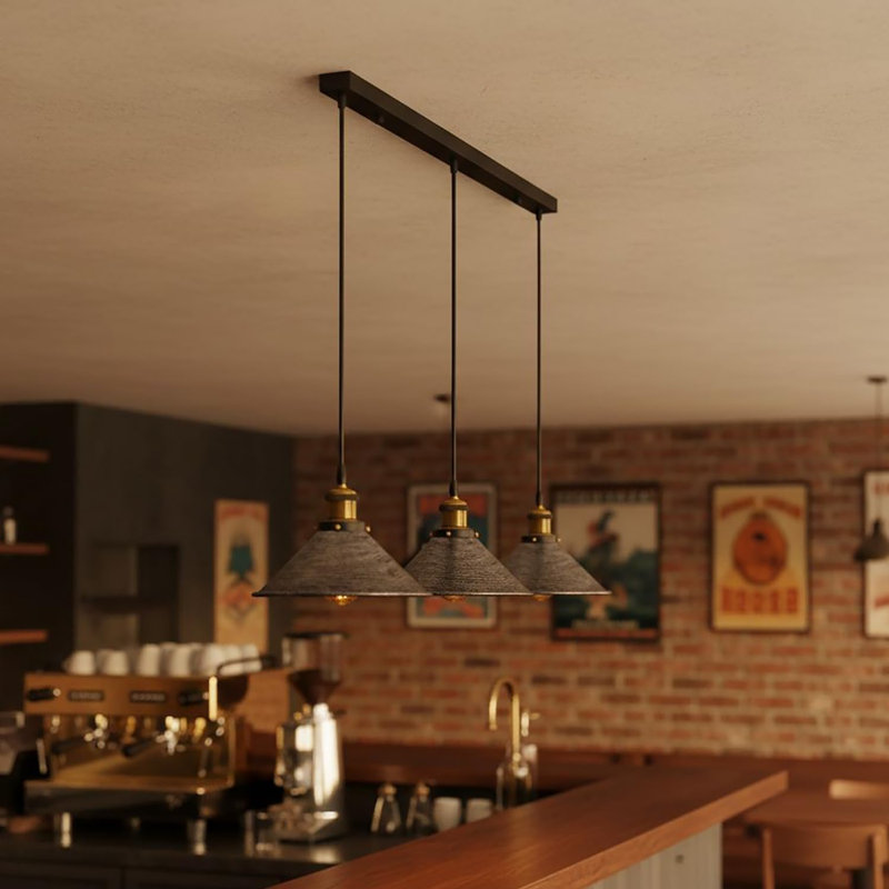 Luminaire suspendu vintage réglable à 3 voies avec base rectangulaire pour îlot de cuisine, salle à manger, Argent brossé