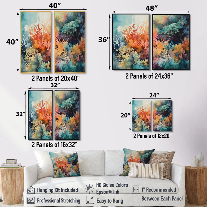 Vibrant Coral Reef I - Beige, reproduction d'art moderne sur toile 2 pièces, 20" H x 24" W, Impression encadrée flottante