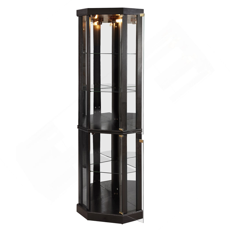 Lighted Corner Curio Cabinet - Elegant Glass Display Case For Living Room & Bar Storage - Perfect For Antique Collections & Wine - Includes Built-In Lighting - BLACK