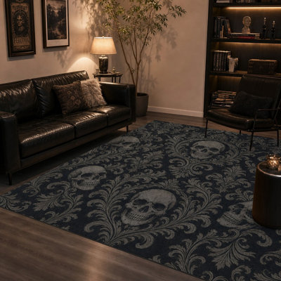 1Pcs Gothic Skull Damask Pattern Area Rug - Dark Aesthetic, Antique Victorian Style, Vintage Ornate Design, Durable Non-Slip Mat for Living Room, Bedroom, Hallway for home detor