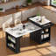 Îlot de cuisine avec table de salle à manger extensible, rangement double face, 2 tiroirs, prise de courant et tablettes latérales ouvertes-520303231