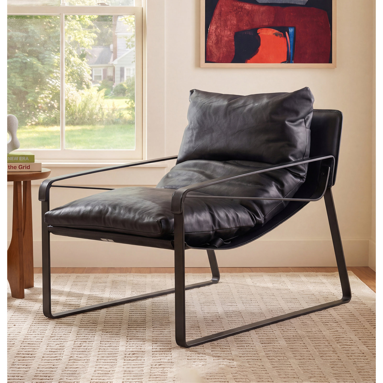 Hadler Genuine Leather Lounge Chair, Black Genuine Leather
