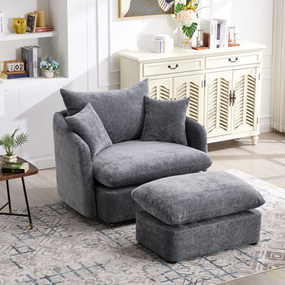 Fauteuil d'appoint pivotant surdimensionné de 46,1 po avec repose-pieds pivotant, siège large de 37,8 po pour les personnes lourdes, fauteuil d'appoint avec 3 coussins de salon, chenille