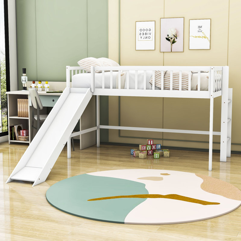 Lit mezzanine bas simple en bois avec glissade Faijal, Blanc
