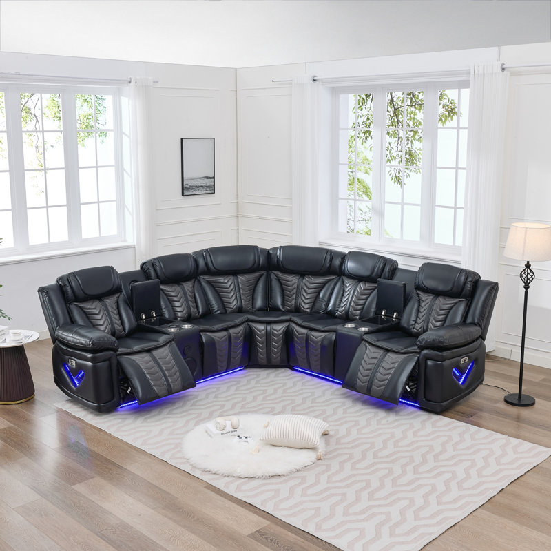 132.4'' W Fabric Power Reclining Sofa Couch With USB Charger And Cup Holder, Black Fabric