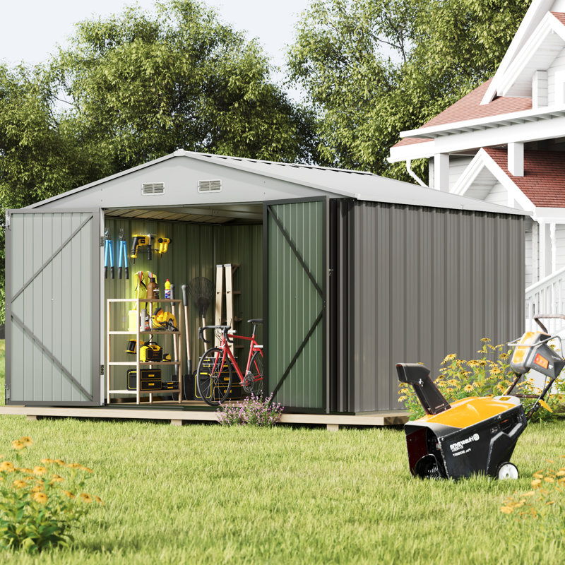 Remise de rangement en métal de l 10 pi x P 8 pi pour le mobilier et les outils de jardin, Gris / blanc