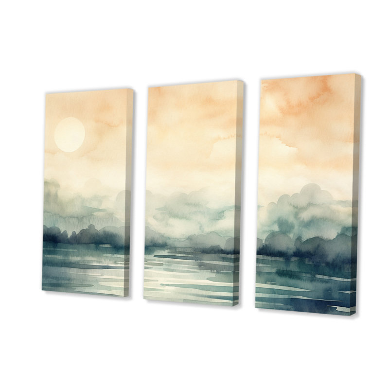 Lac, art mural sur toile, aquarelle rétro, coucher de soleil sur le lac, aquarelle rétro I, H 32 po x l 48 po x P 1 po