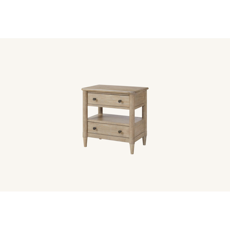 Table de chevet ouverte avec 2 tiroirs et tablettes ouvertes pour le rangement et la présentation de la chambre à coucher