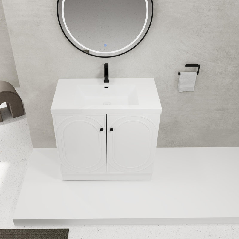 Meuble-lavabo autoportant avec lavabo en résine, Blanc, Noir, noir, noir, noir