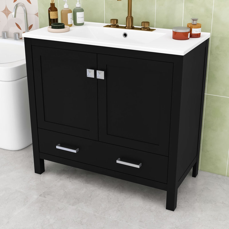 Modern Bathroom Vanity with Ceramic Sink, Soft-Close Doors and Divided Drawer, Black/White