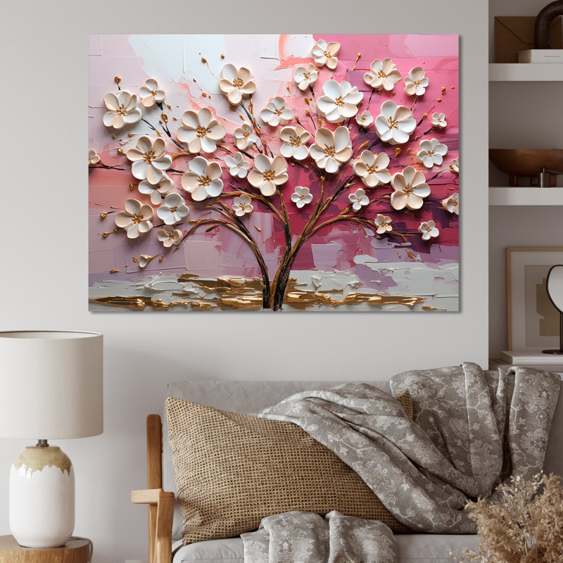 Orchidée rose et or jardin de branches II - art mural arbre, Toile tendue, H 30 po x l 40 po x P 1,5 po