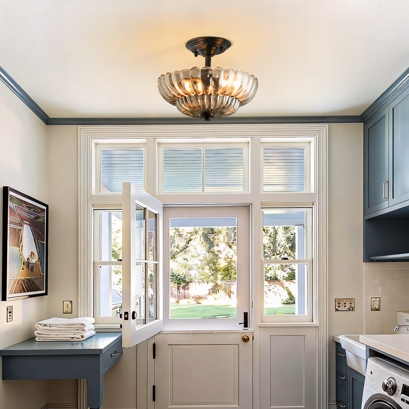 3-Light Smokey Grey Fluted Glass Semi-Flush Mount - 12in,Matte Black, 9.84" H x 11.81" W x 11.81" D